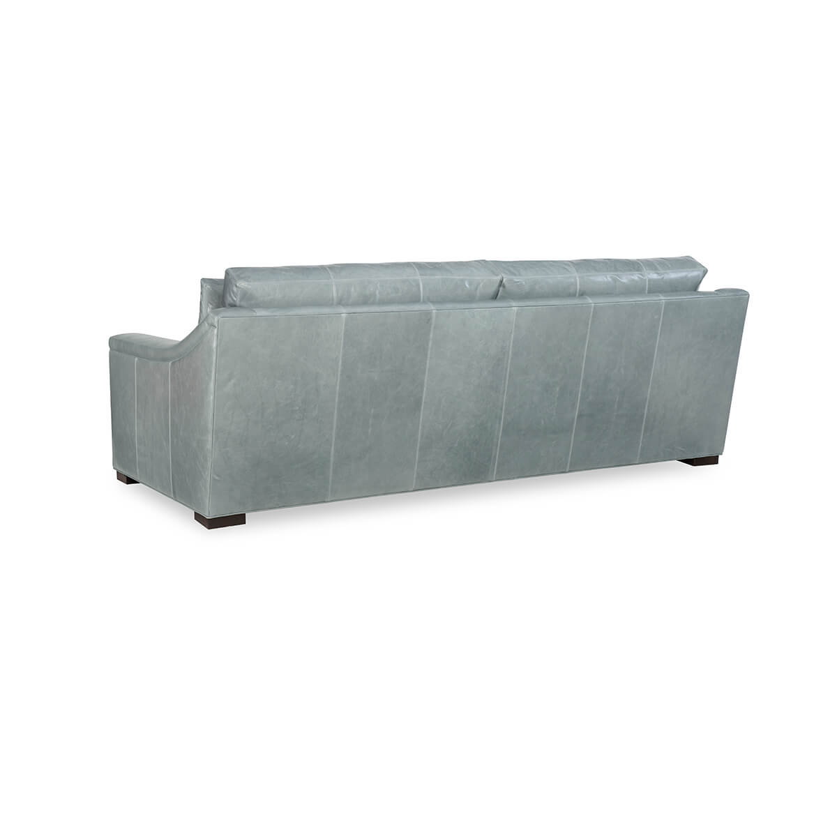 Gray leather sofa, back view, elegant stitching.