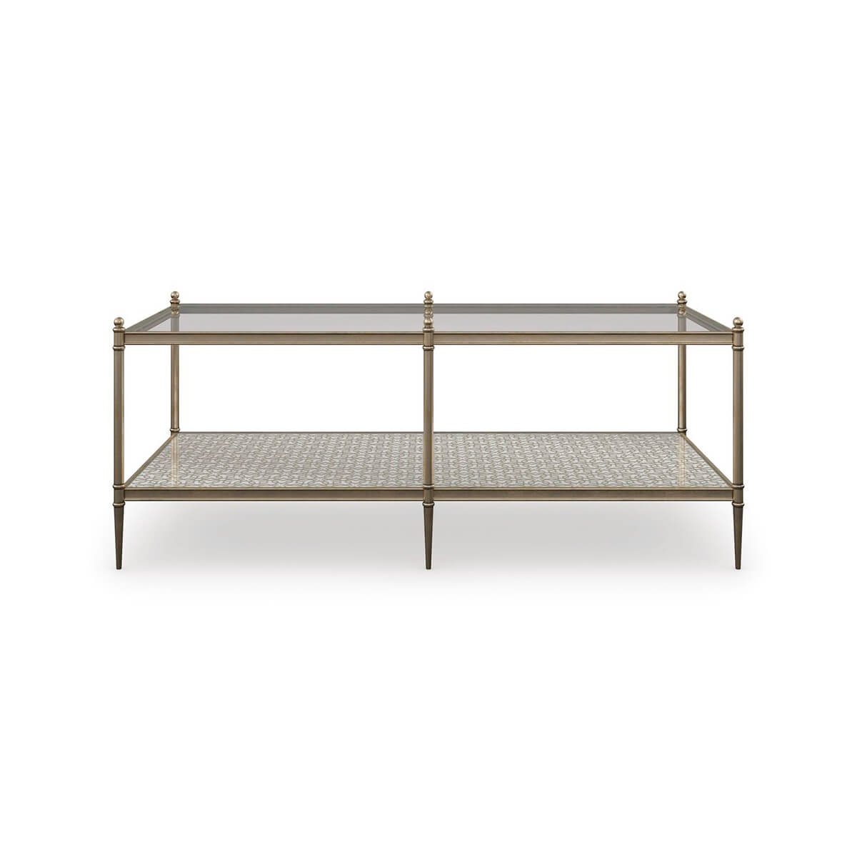 Glass and gold modern coffee table front view.