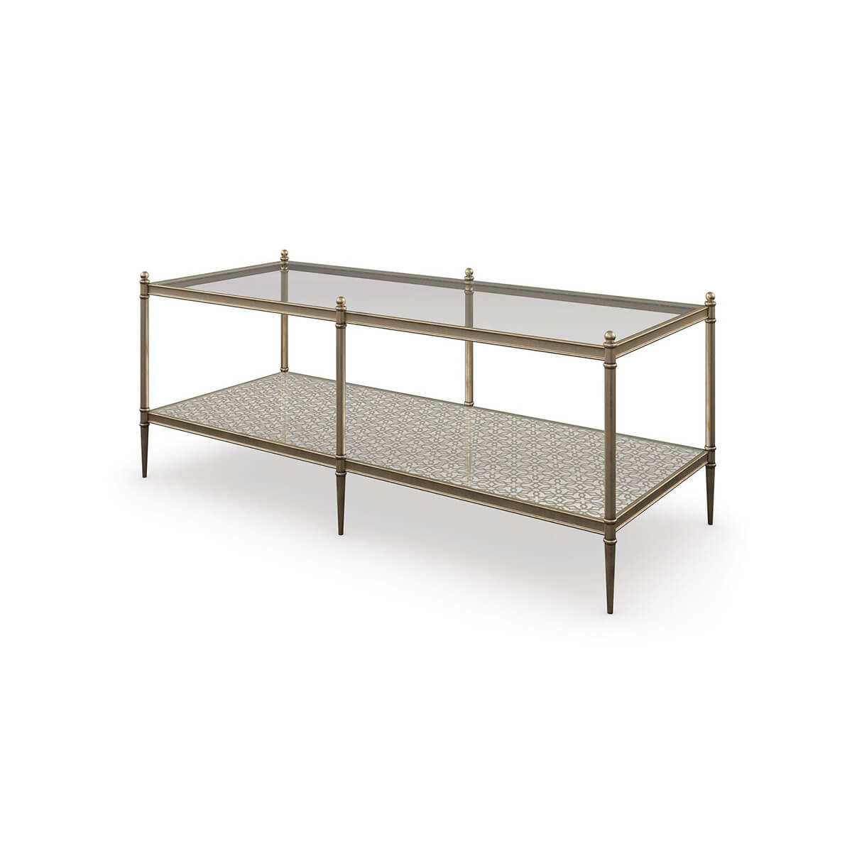 Glass and gold modern coffee table side view.