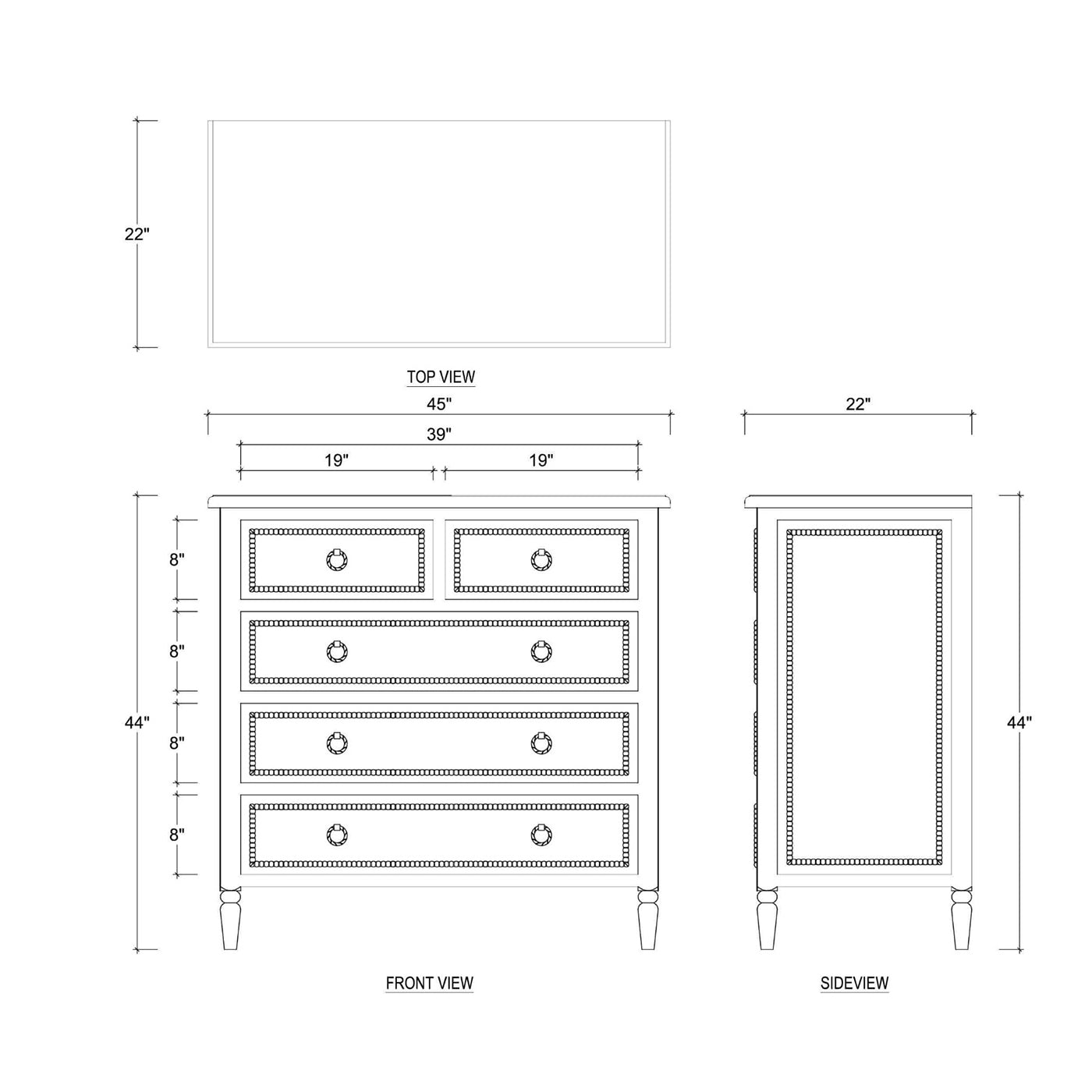 Dimensions diagram of mahogany chest of drawers.