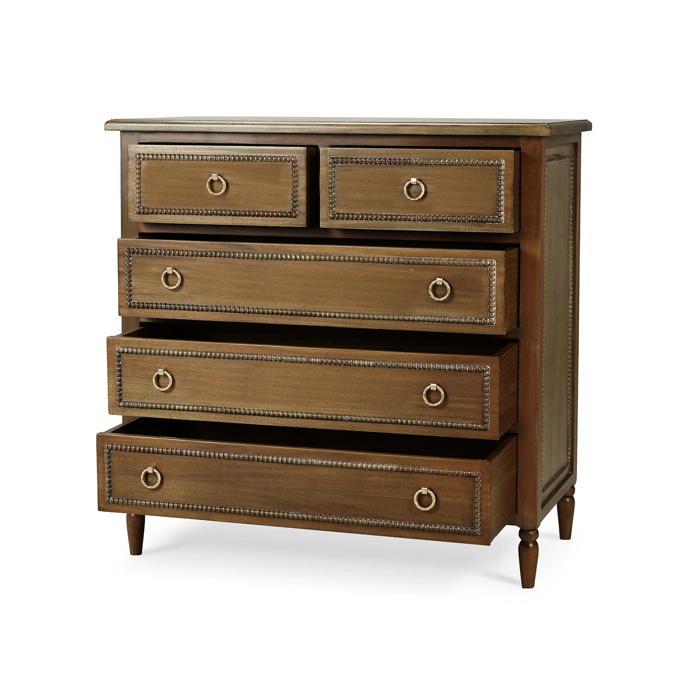 Front angle of mahogany chest of drawers, open drawers.