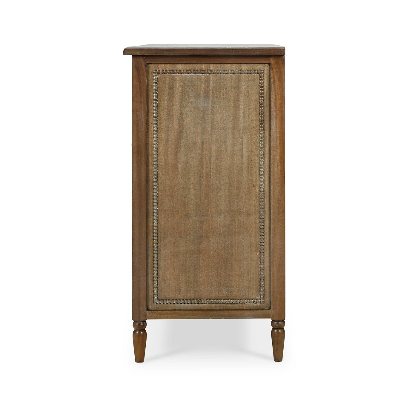 Side view of mahogany chest of drawers, closed.