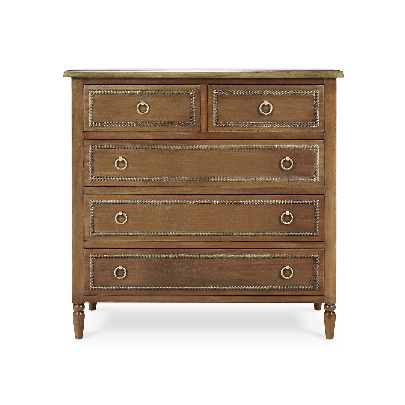 Front view of mahogany chest of drawers, closed.
