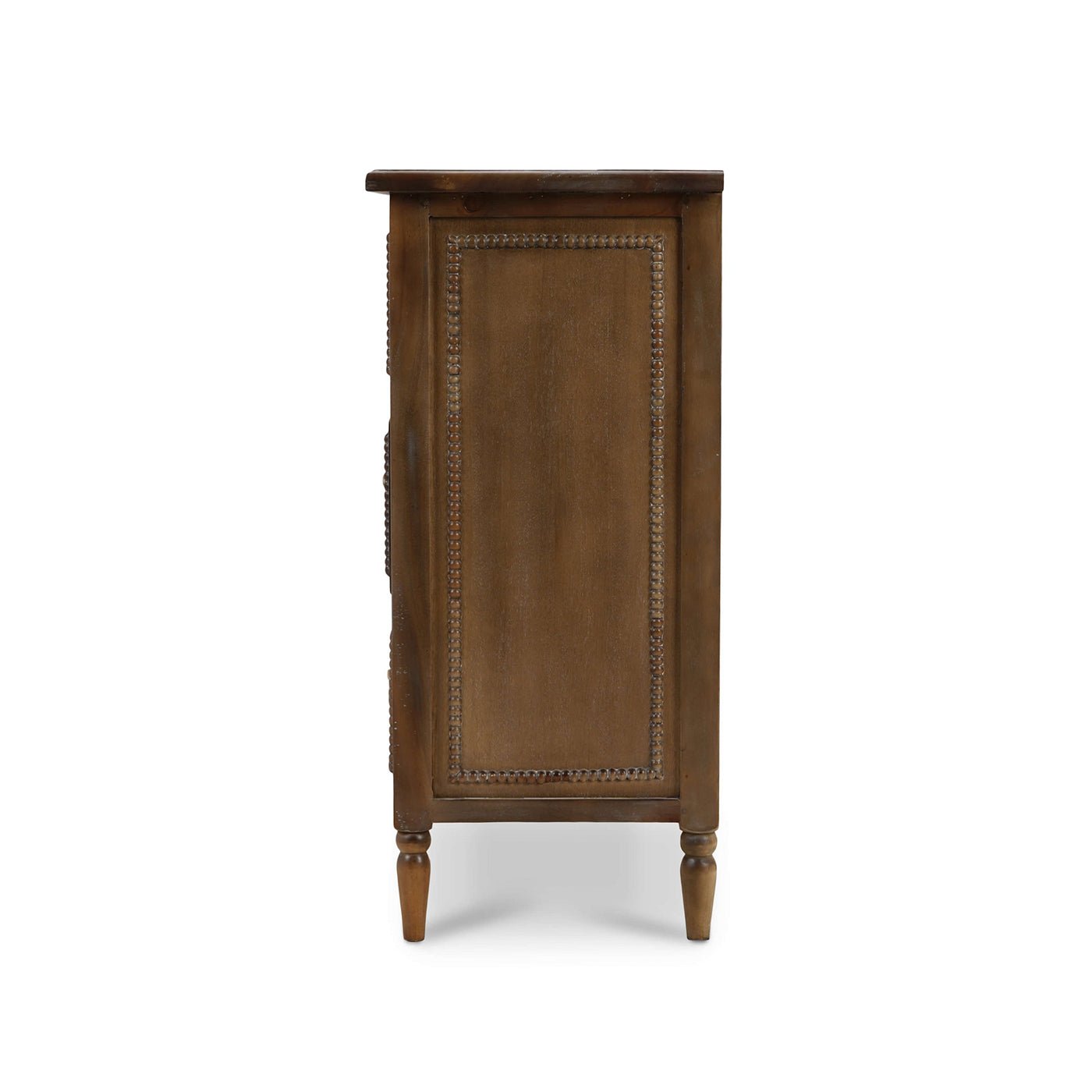 Side view of wooden mahogany antique dresser.