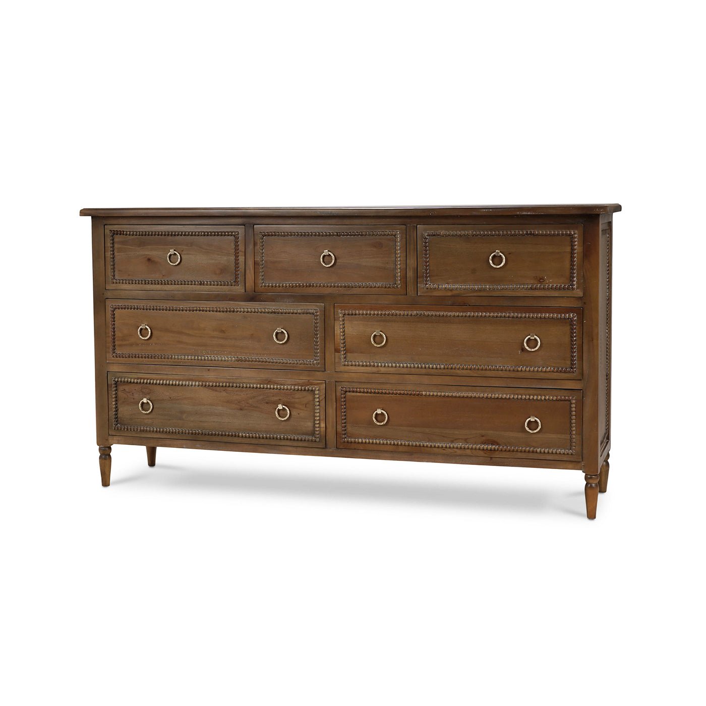 Angled view of mahogany antique dresser with drawers.
