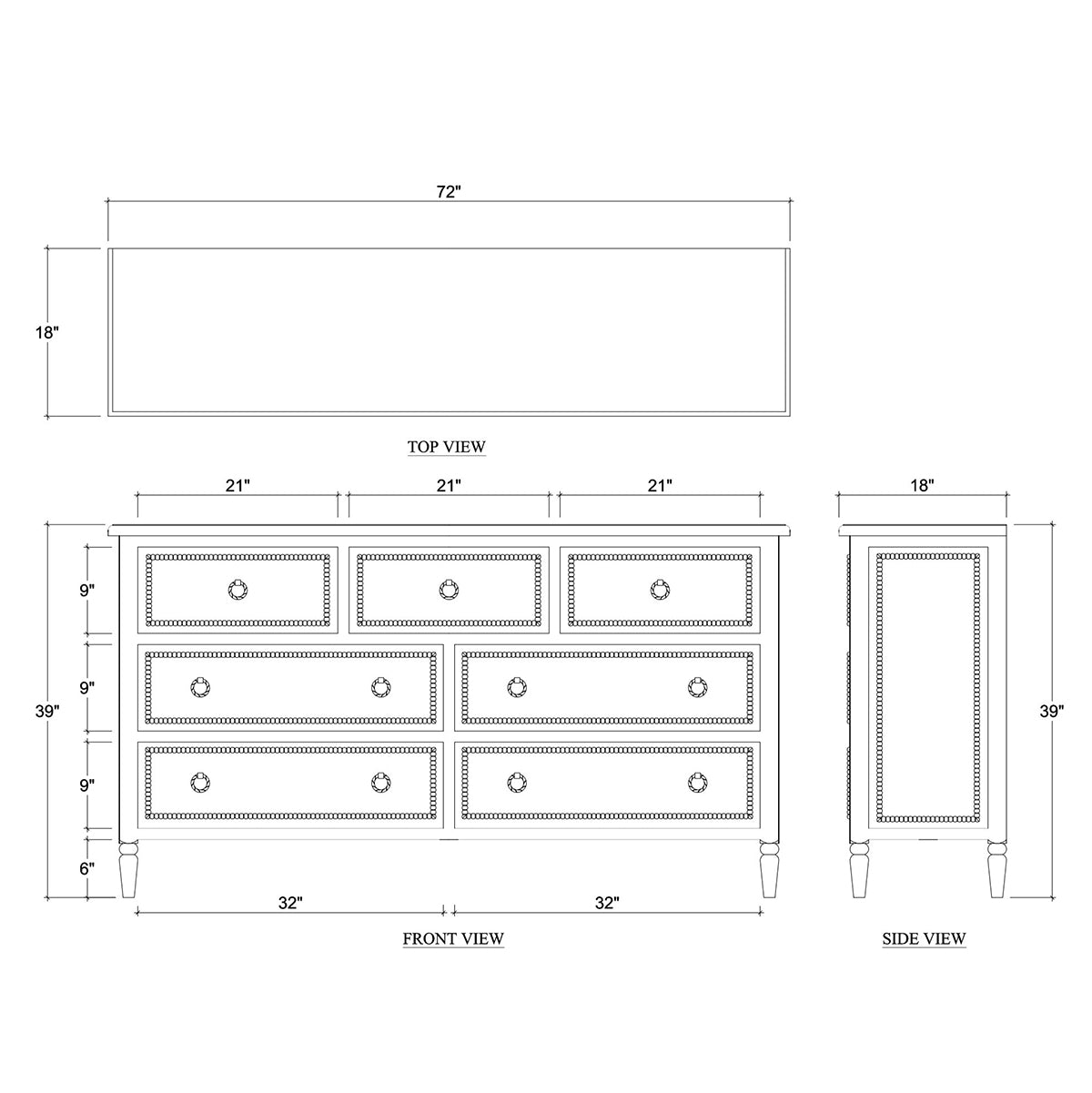 Dimensions diagram of mahogany antique dresser.