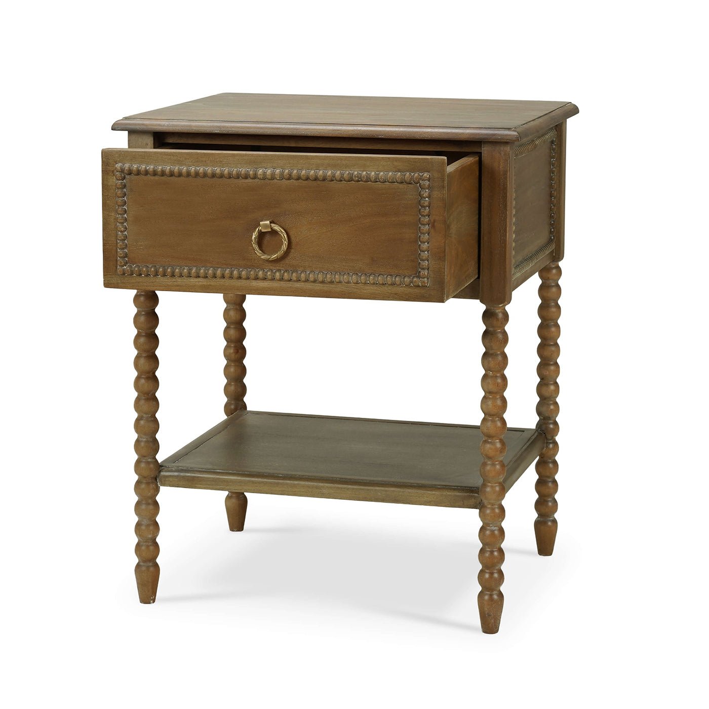 Mahogany nightstand with drawer partially open, angled view.