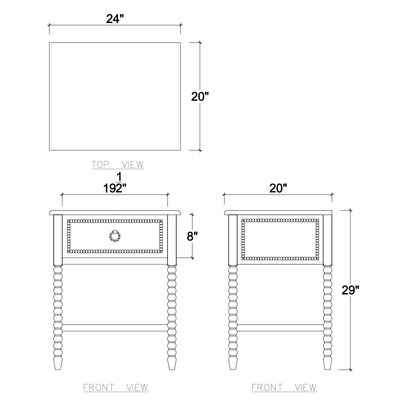 Dimensional diagram of mahogany nightstand, top and front views.