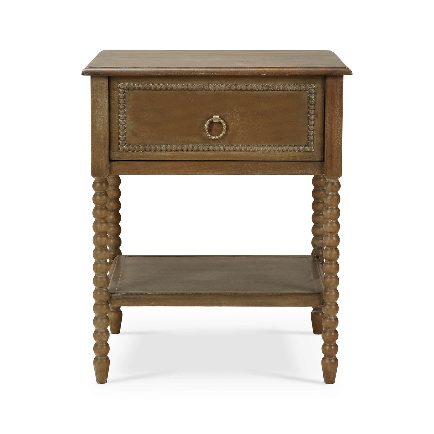 Front view of mahogany nightstand with closed drawer.