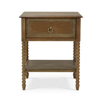 Front view of mahogany nightstand with closed drawer.