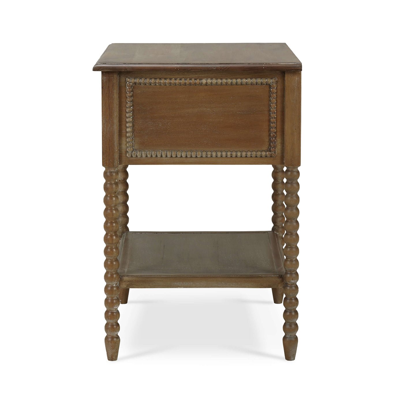 Side view of mahogany nightstand, showing wood texture.