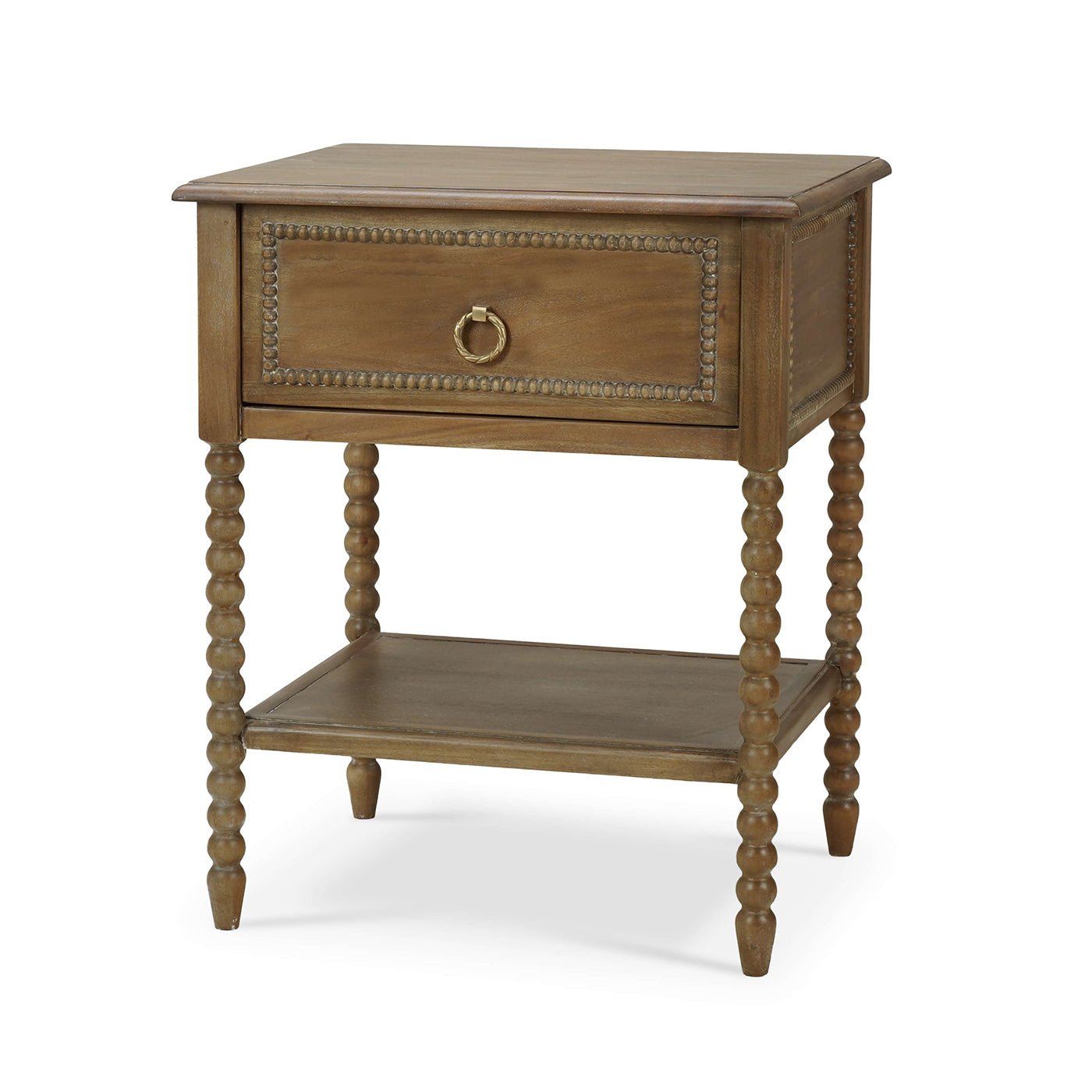 Wooden nightstand with open drawer, angled view.