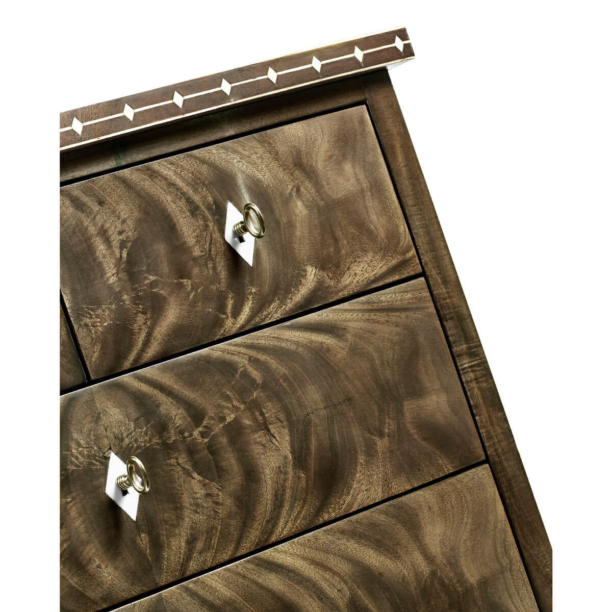 Detailed top corner of mahogany bowfront chest.