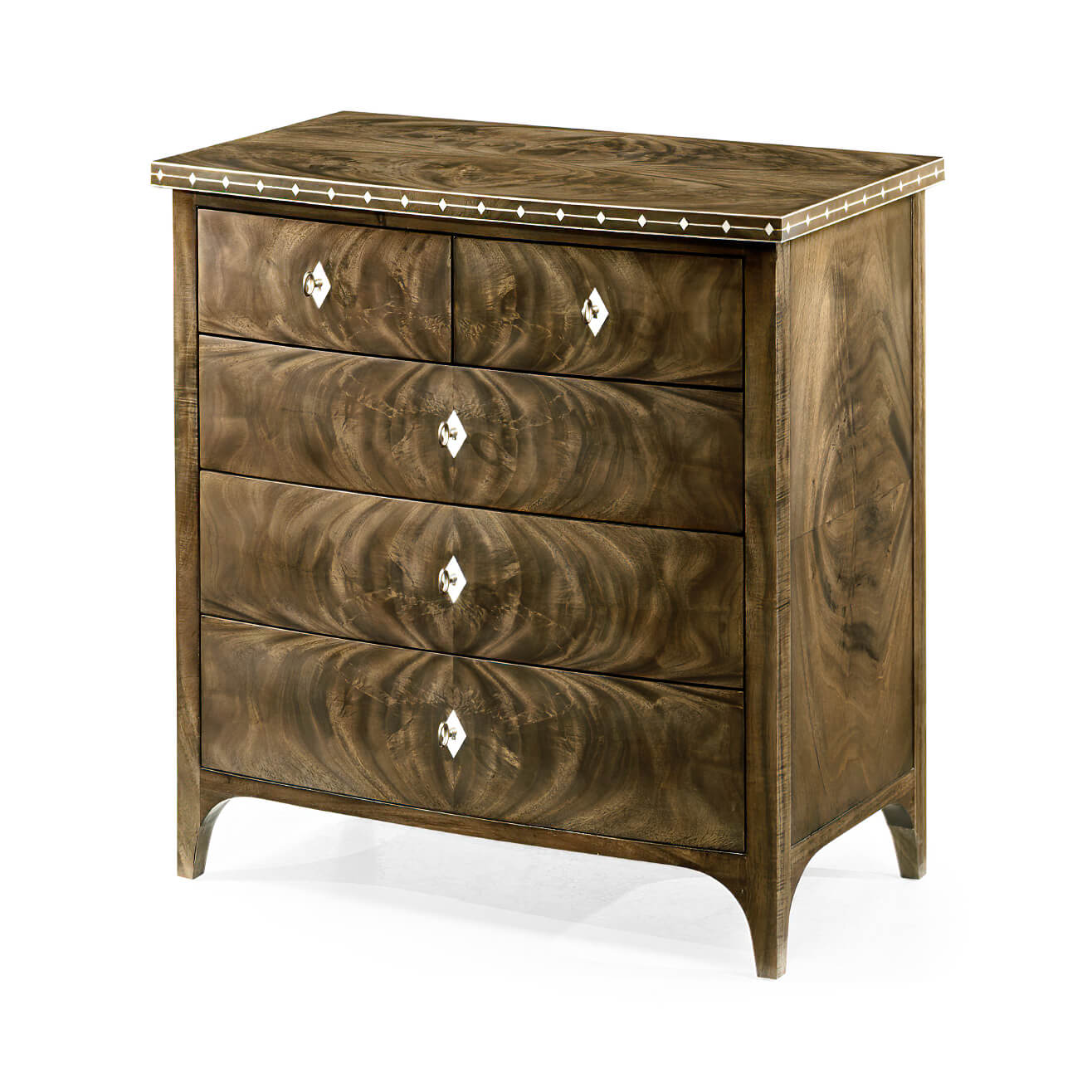 Mahogany bowfront chest angled view with closed drawers.