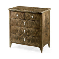 Mahogany bowfront chest angled view with closed drawers.