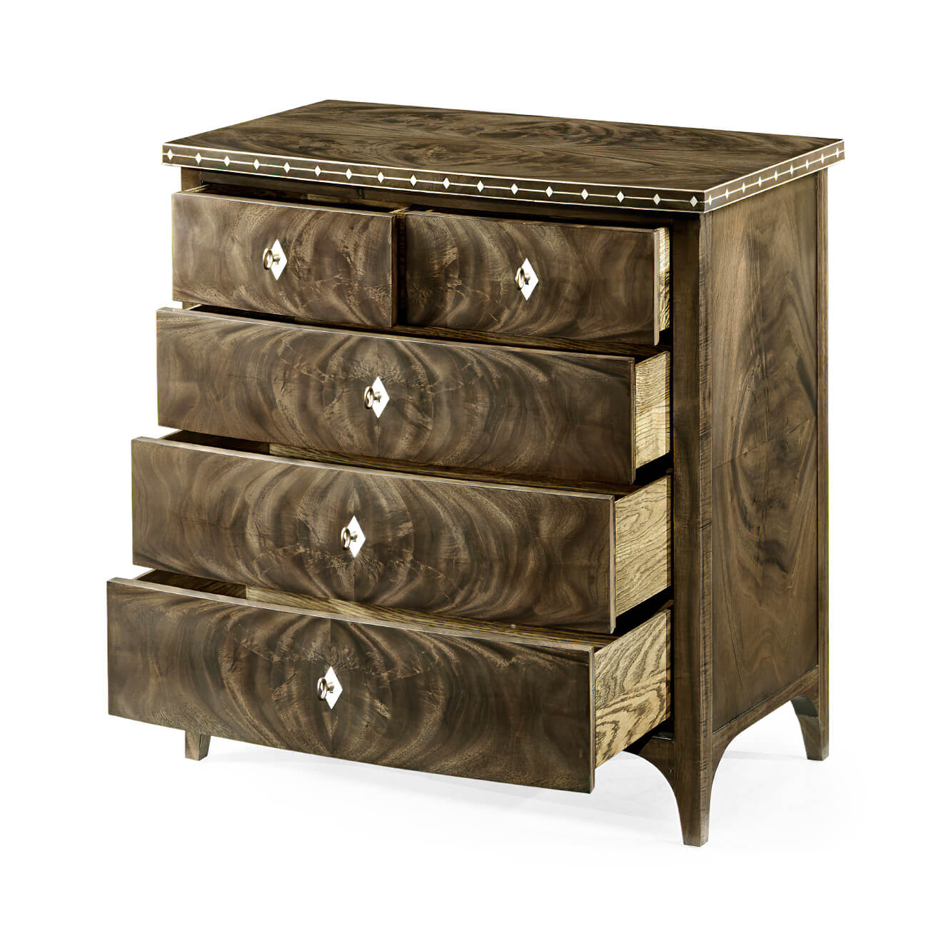 Mahogany bowfront chest with partially open drawers.