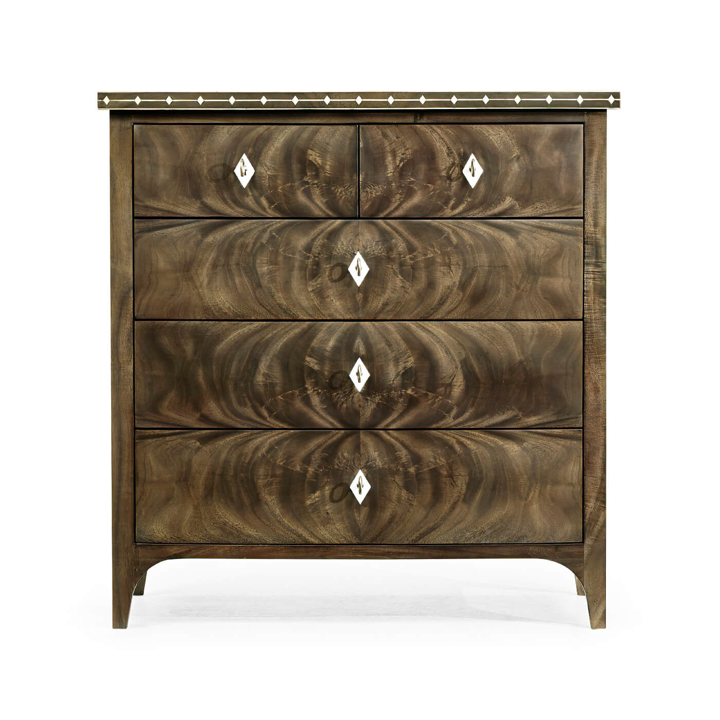 Front view of mahogany bowfront chest with closed drawers.
