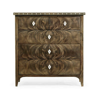 Front view of mahogany bowfront chest with closed drawers.
