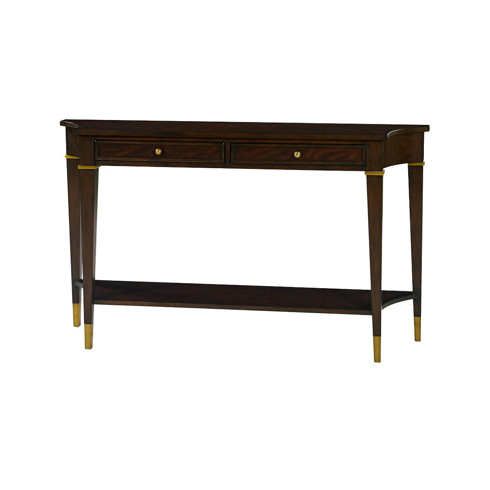 Mahogany classic console table front angled view.