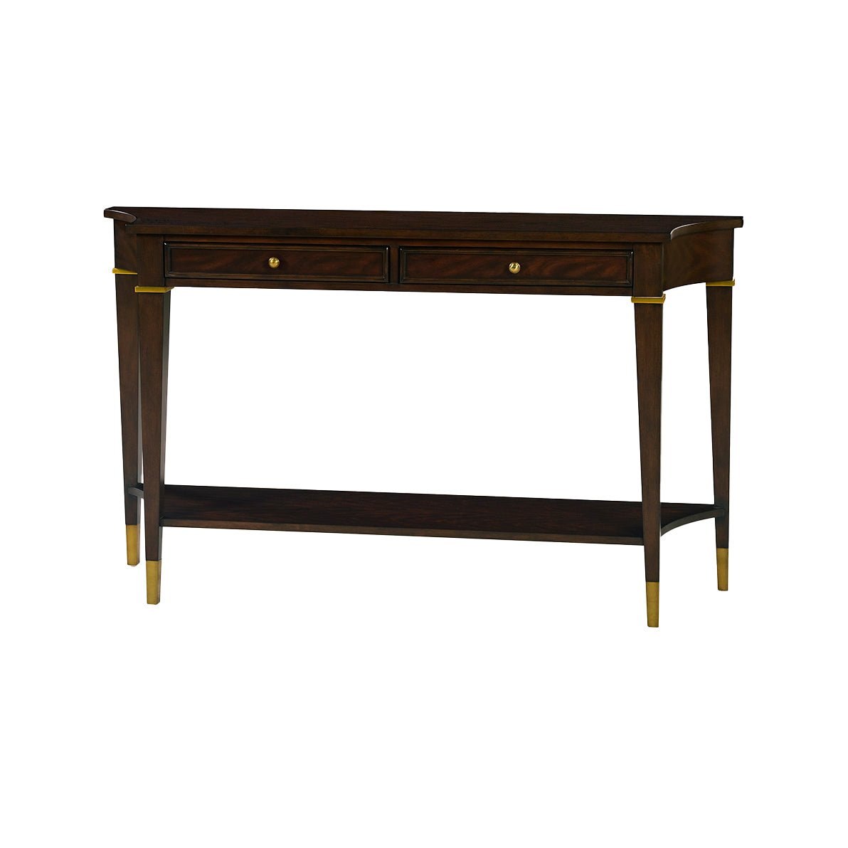 Mahogany classic console table front angled view.