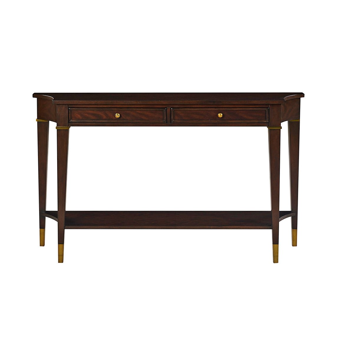 Front view of mahogany classic console table.
