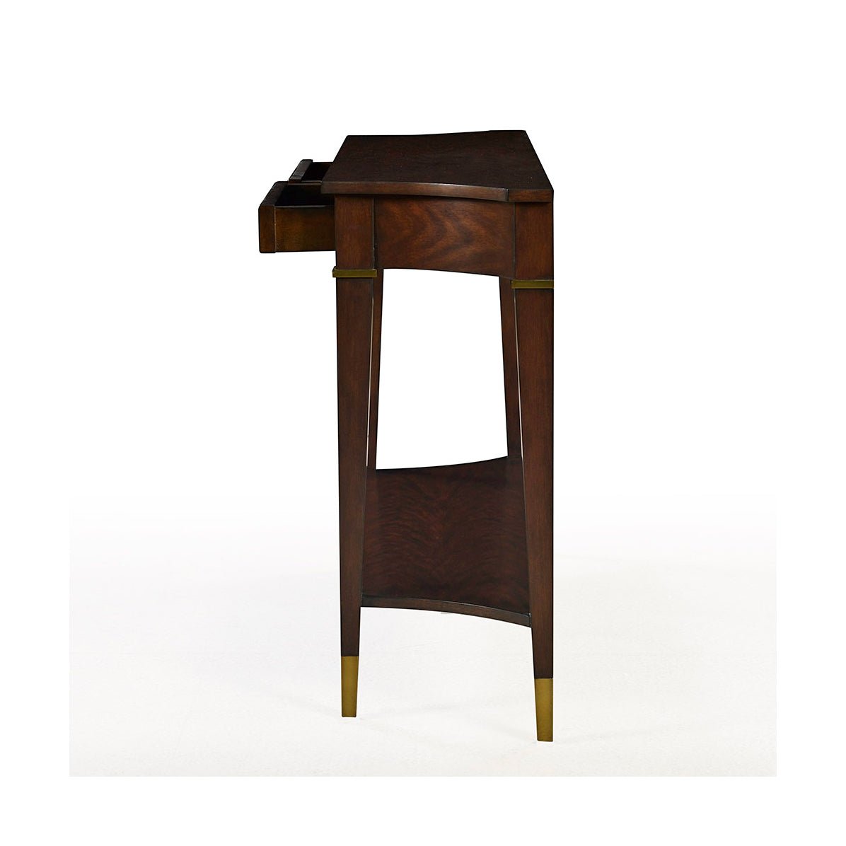 Side profile of mahogany classic console table with drawer.