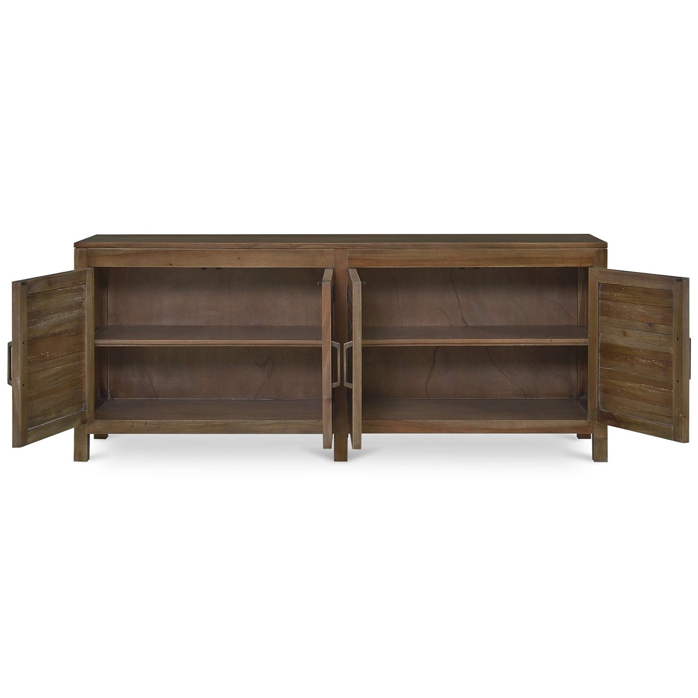 Mahogany coastal sideboard open view, interior shelves visible.