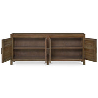 Mahogany coastal sideboard open view, interior shelves visible.