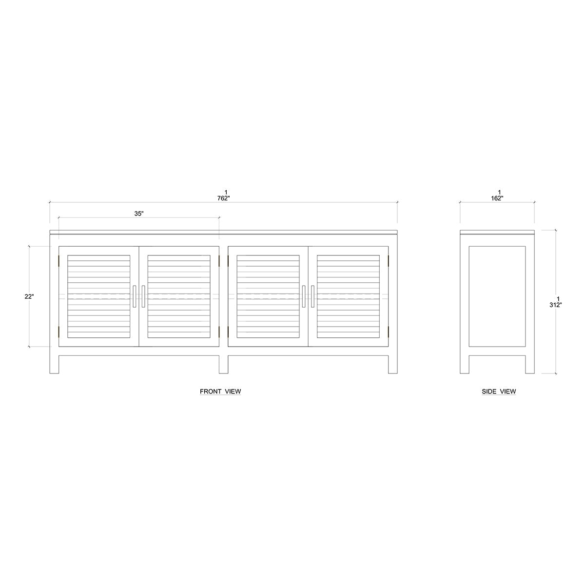 Mahogany coastal sideboard dimensions diagram, front and side views.