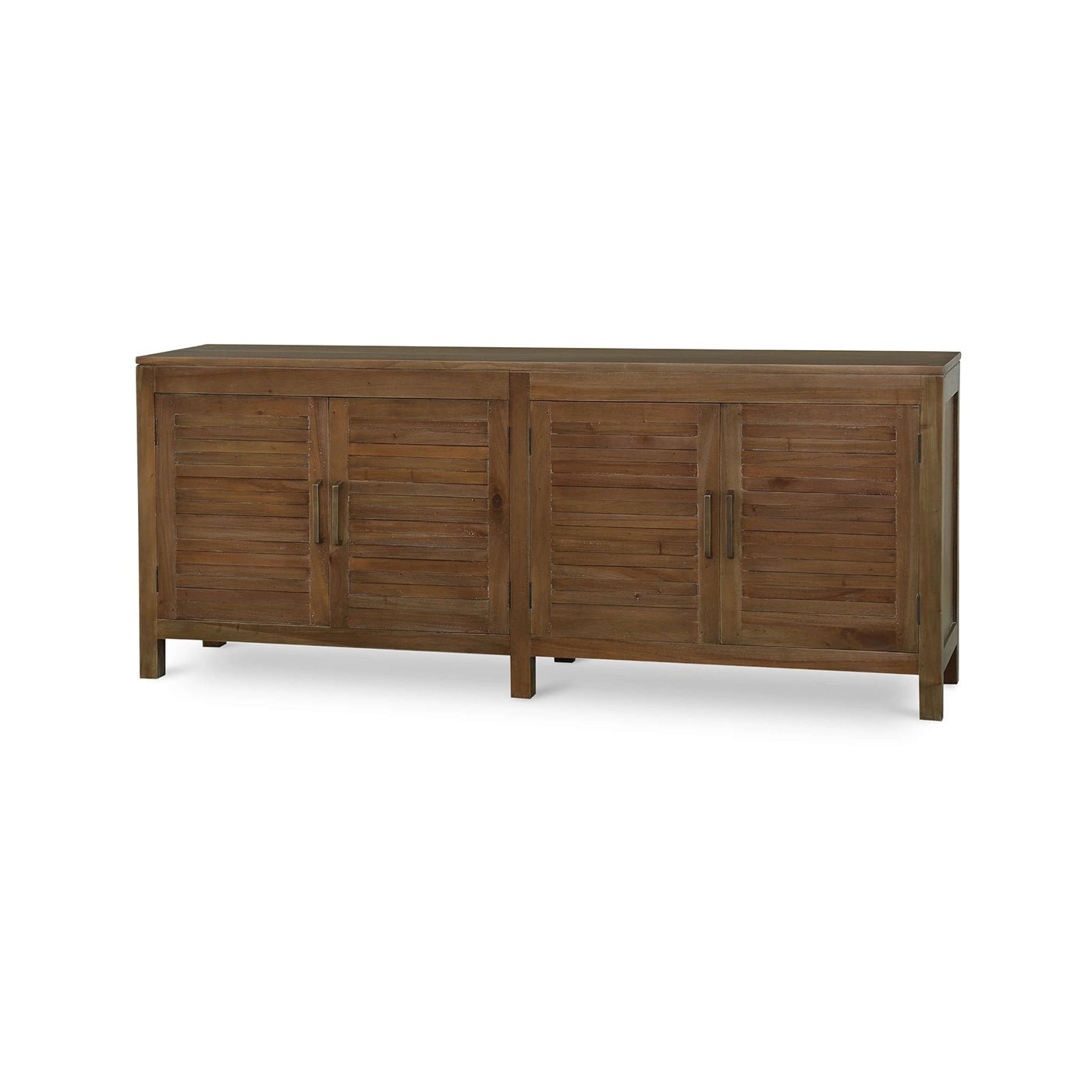 Mahogany coastal sideboard angled view, closed doors.