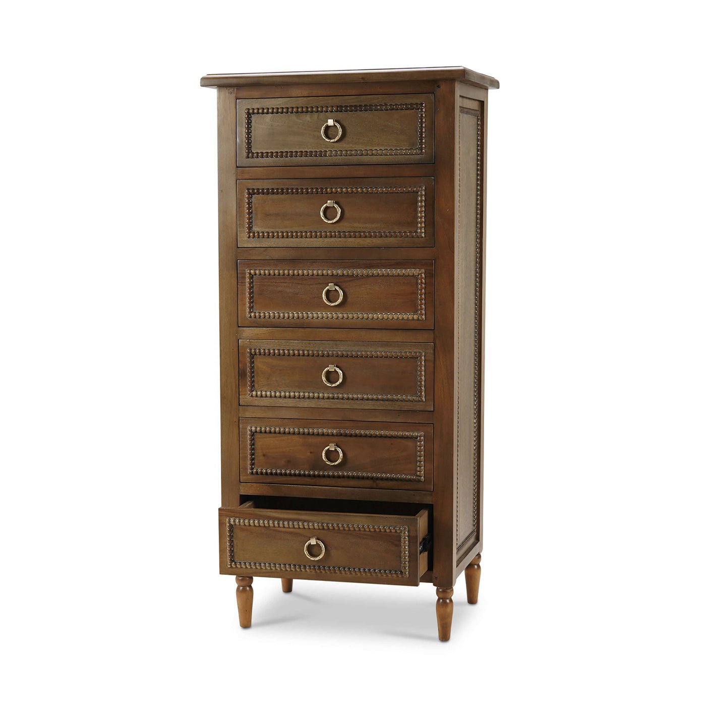 Mahogany lingerie chest with bottom drawer partially open.