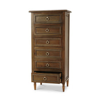 Mahogany lingerie chest with bottom drawer partially open.