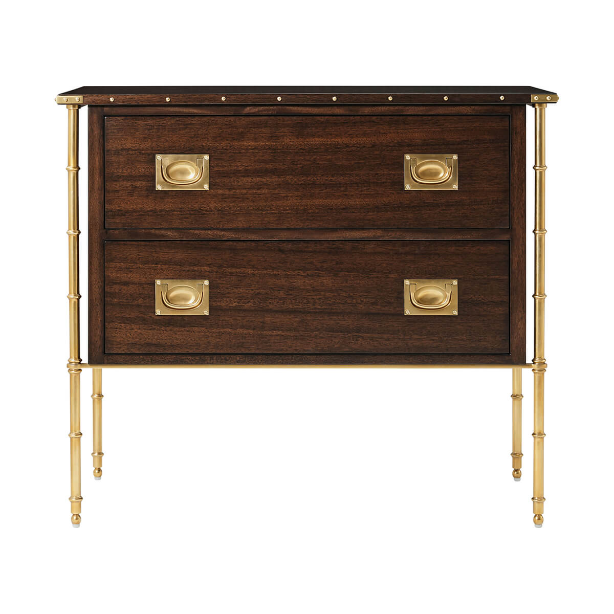 Front view of mahogany mid-century modern nightstand.