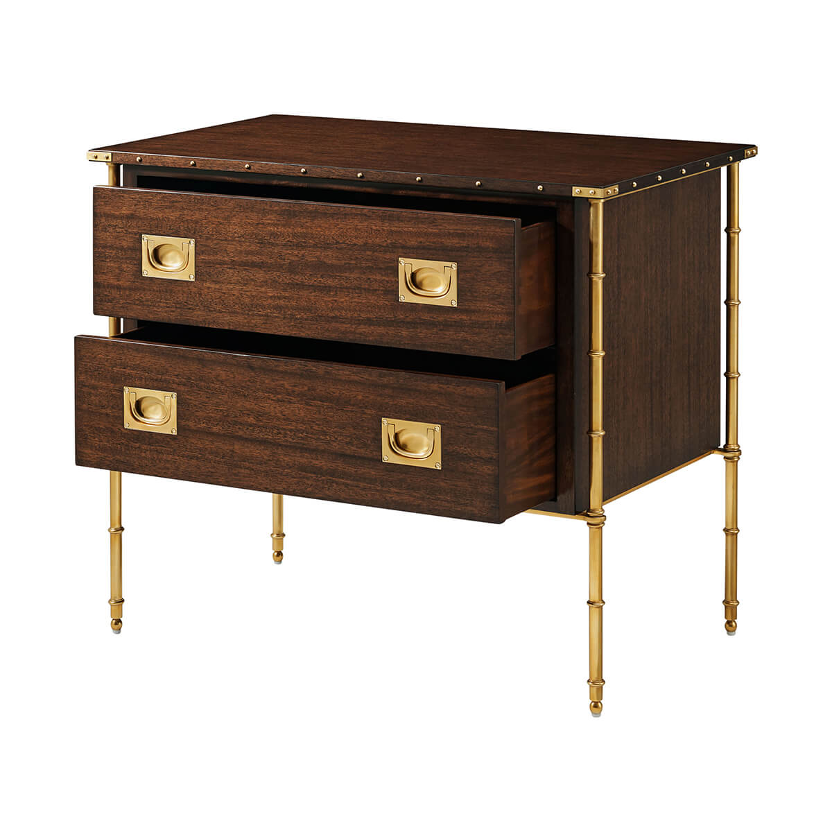 Mahogany nightstand with open drawers, brass hardware.