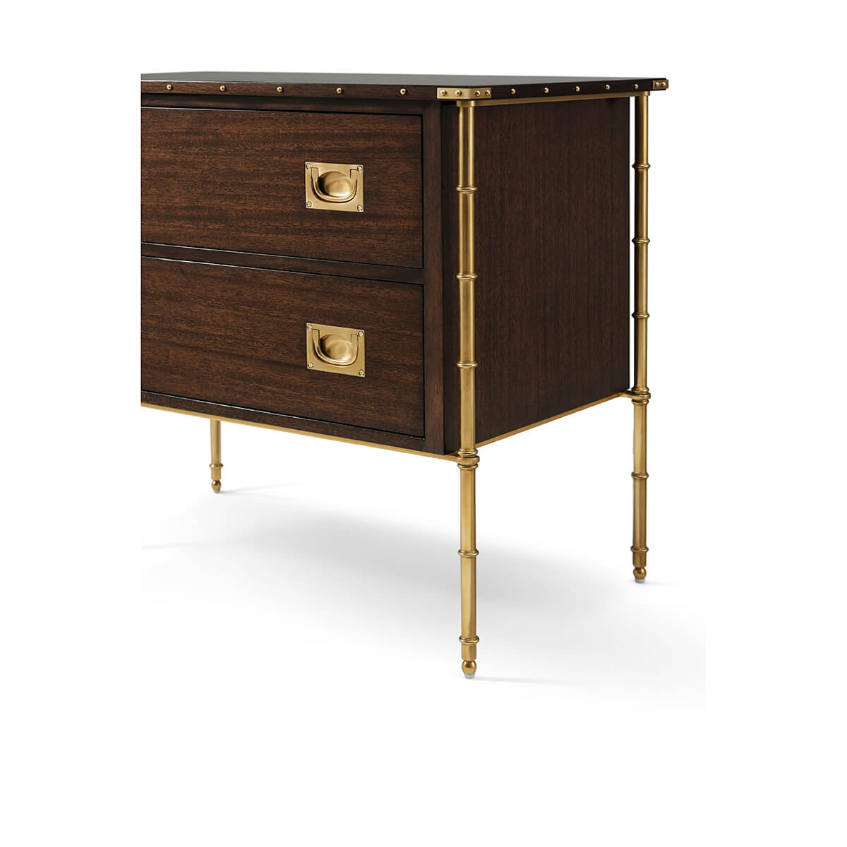 Close-up, mahogany nightstand corner with brass legs.