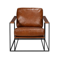 Front view of brown leather armchair with cushions.