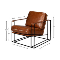 Dimensions of brown leather armchair with metal frame.