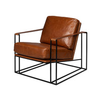Brown leather armchair with metal frame, angled view.