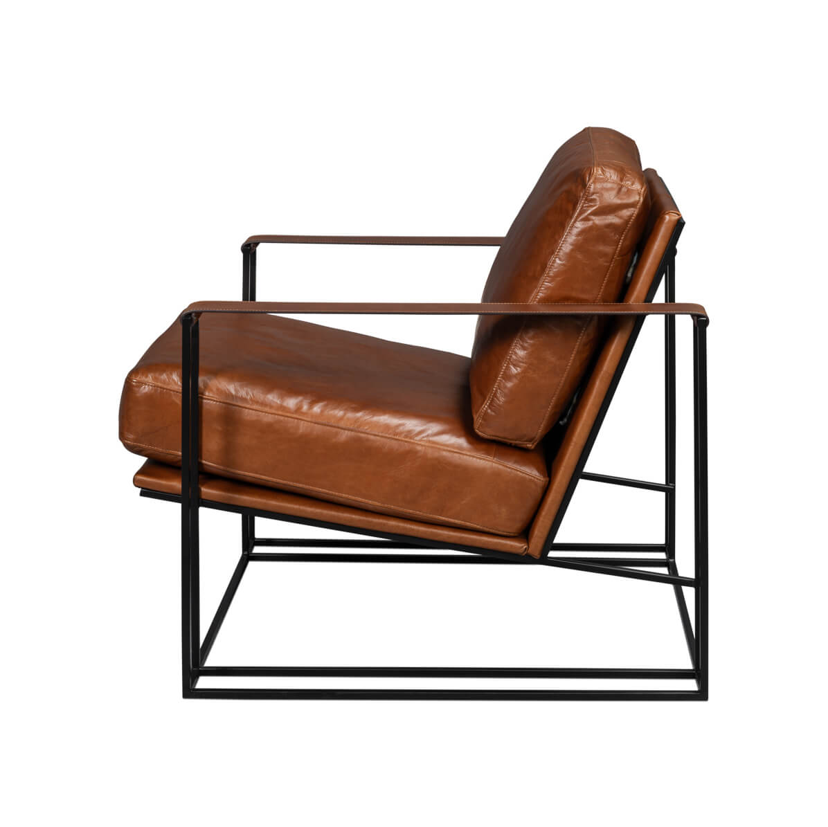 Side view of brown leather armchair, angled seat.