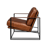 Side view of brown leather armchair, angled seat.