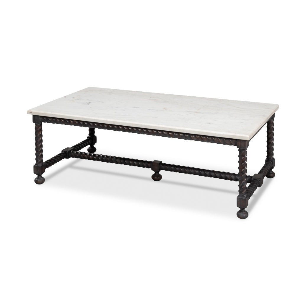 Marble top coffee table with side view.