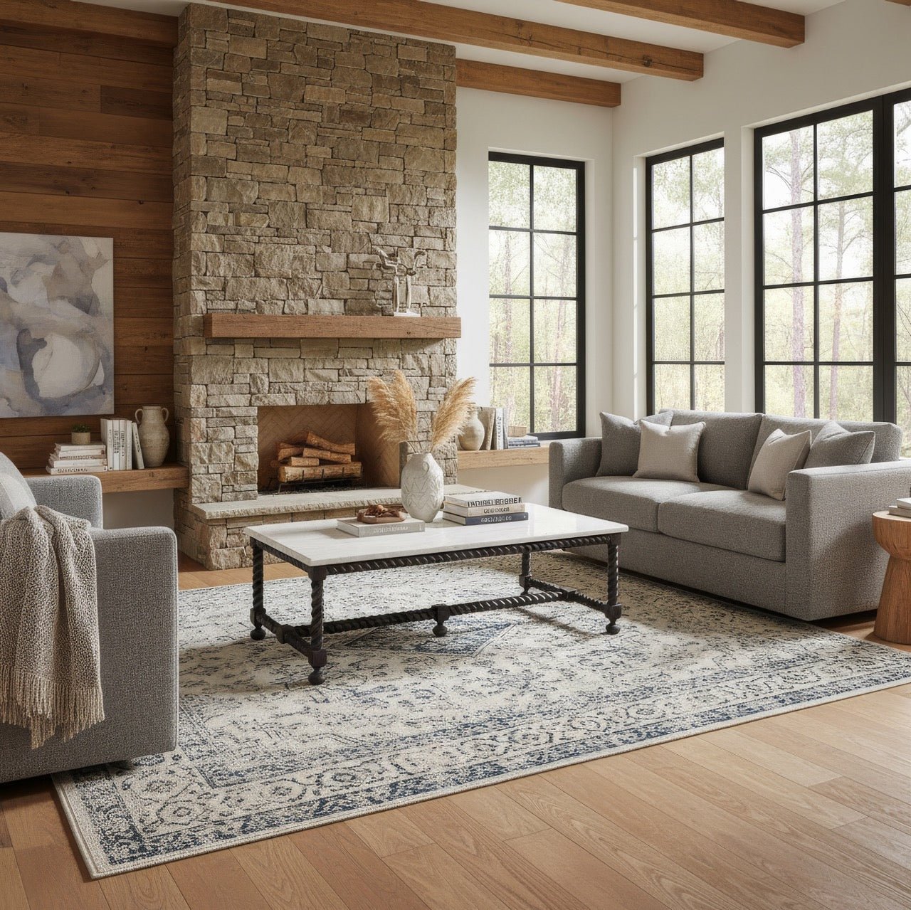 Coffee table in stylish living room setting.
