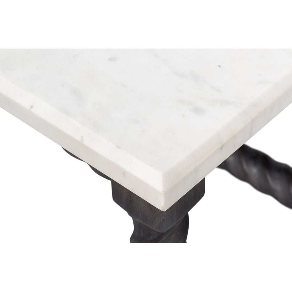 Detailed close-up of marble table edge.