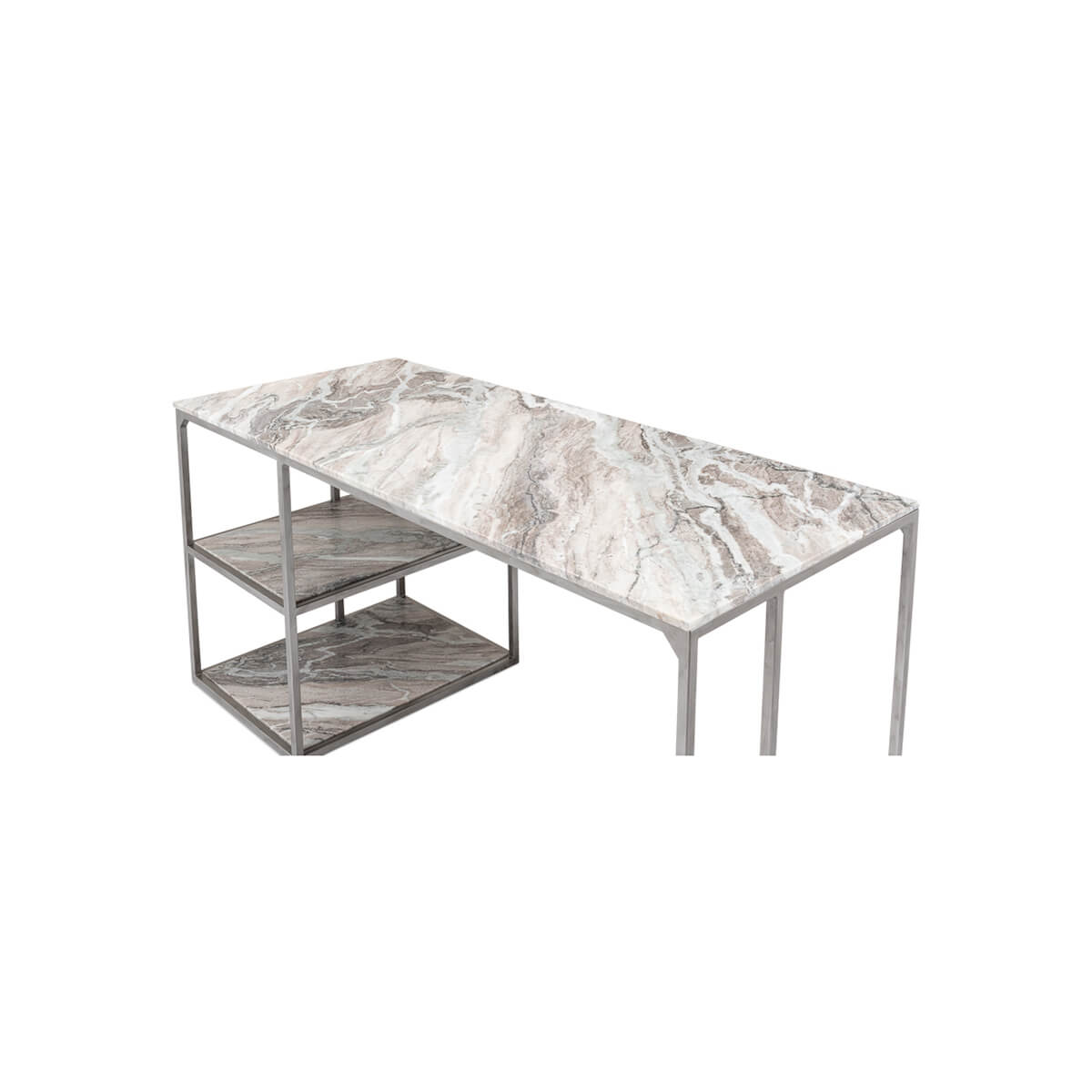 Angled view of desk highlighting marble texture and structure.