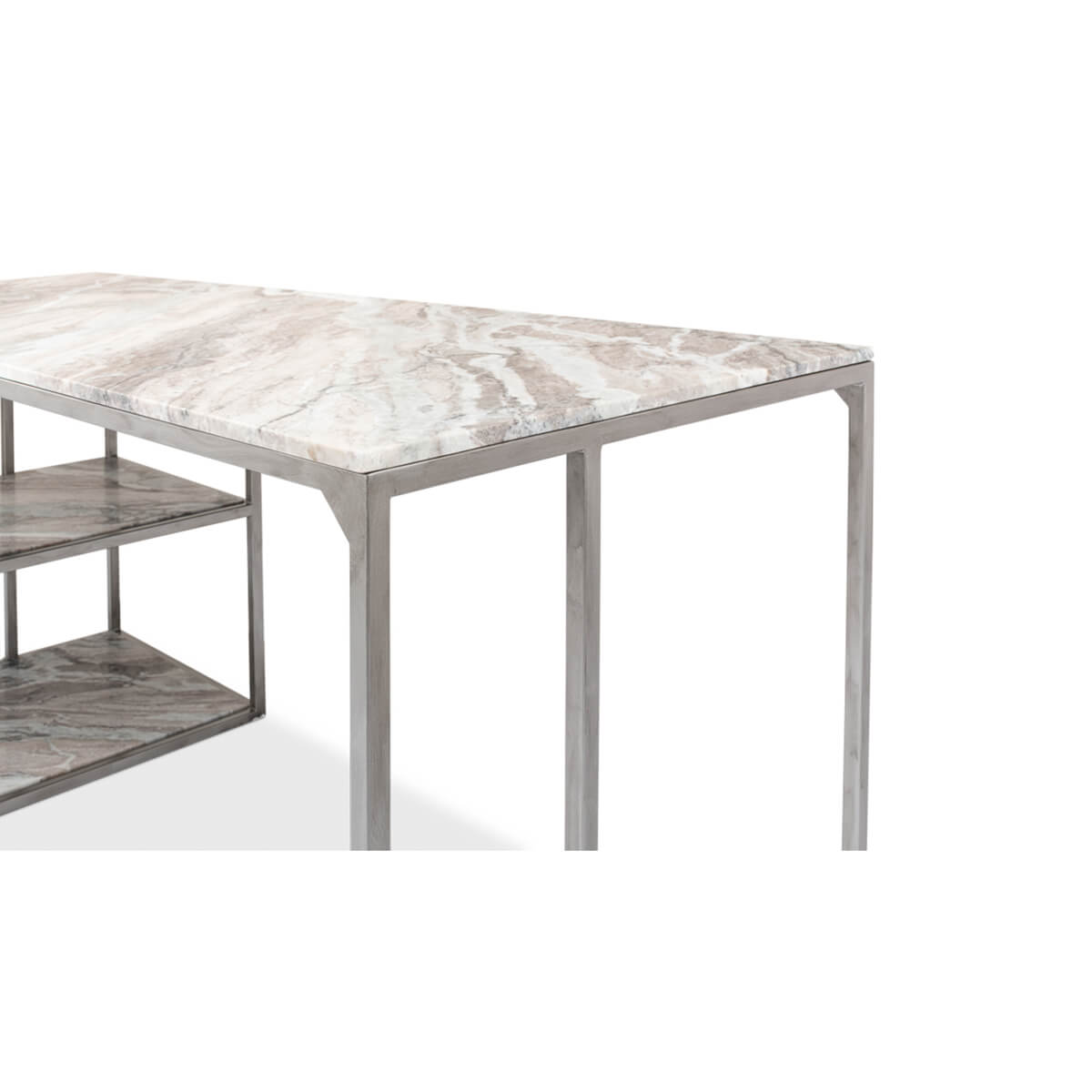 Side angle showing desk design and shelf arrangement.