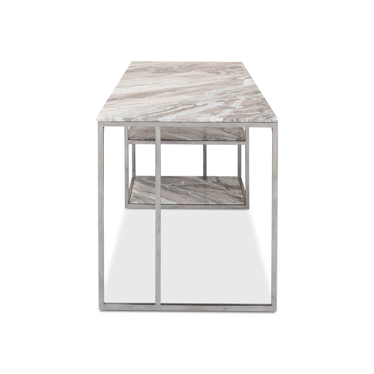 End view showcasing marble top and metal frame.