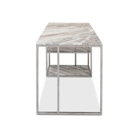 End view showcasing marble top and metal frame.