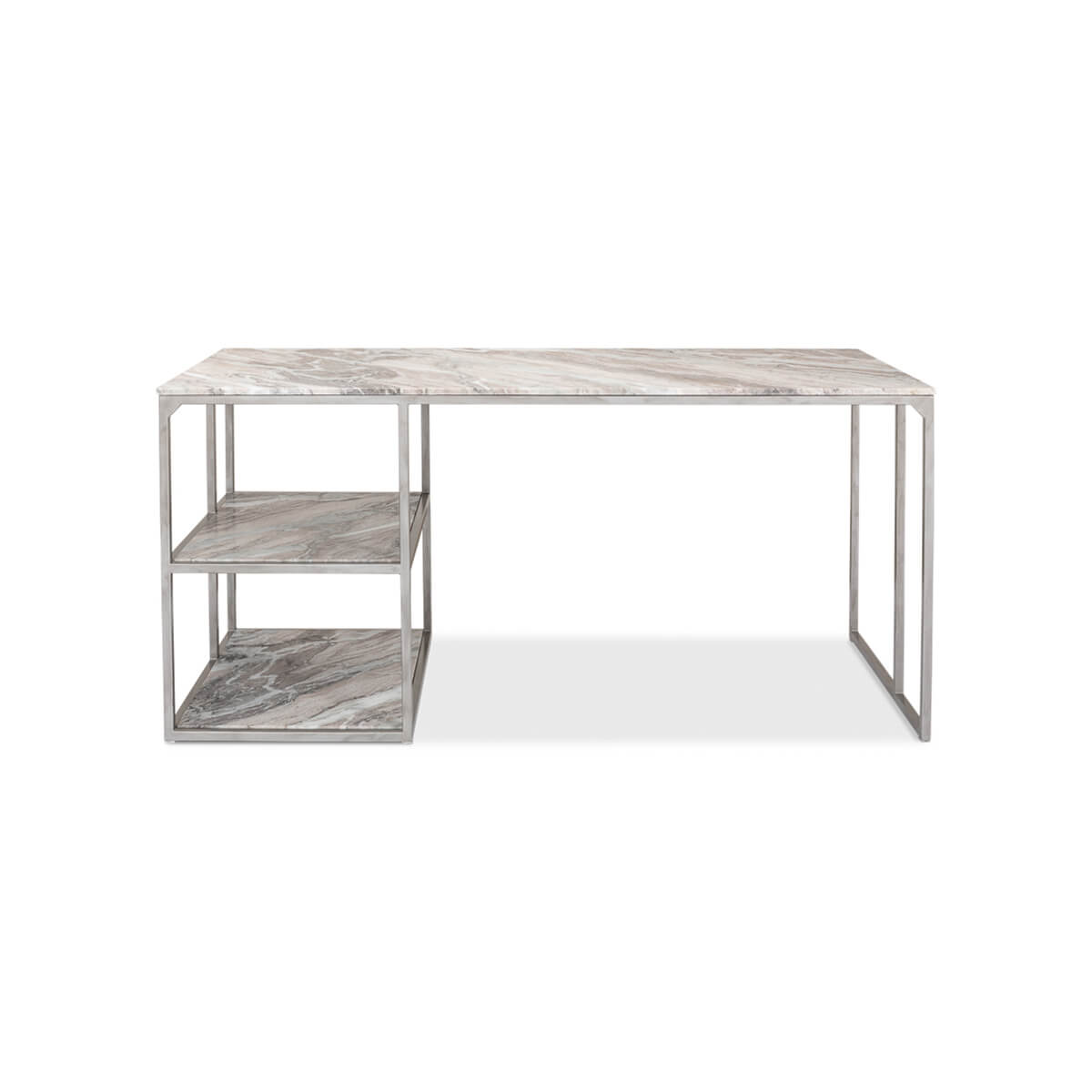 Front view of modern marble top desk with shelves.