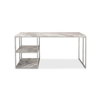 Front view of modern marble top desk with shelves.