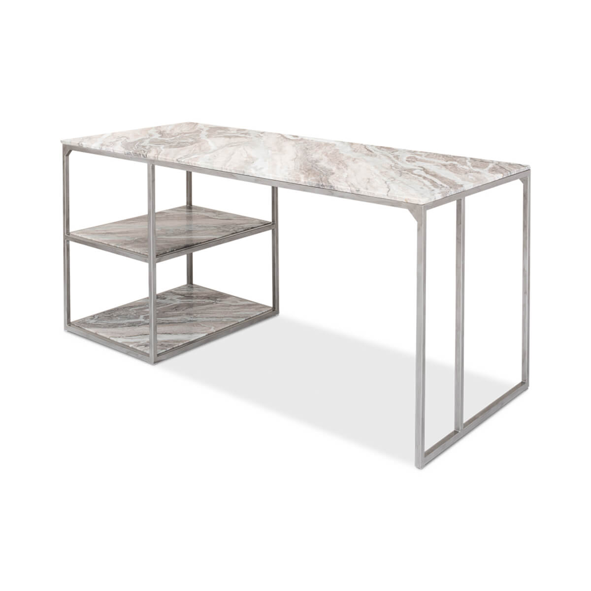 Side view of marble top desk with two shelves.